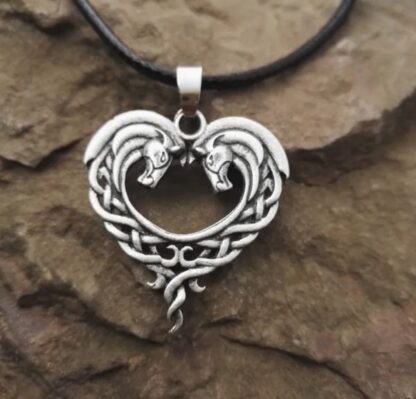 Horse Lovers! Nice Quality-Antique Silver Double Horse Celtic Heart- 22 inch waxed cord