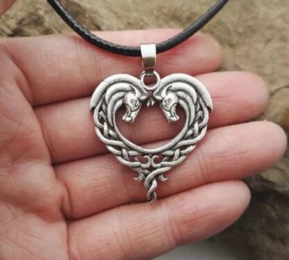 Horse Lovers! Nice Quality-Antique Silver Double Horse Celtic Heart- 22 inch waxed cord - Image 2