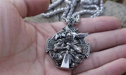Unique Viking ODIN Pendant- 2 Sided ! Sword/Raven in Battle Pendant +Celtic Cross back- Silver Medallion vintage style-comes 22inch Chain - Image 4
