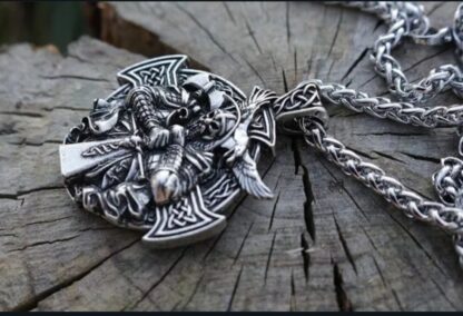 Unique Viking ODIN Pendant- 2 Sided ! Sword/Raven in Battle Pendant +Celtic Cross back- Silver Medallion vintage style-comes 22inch Chain - Image 3
