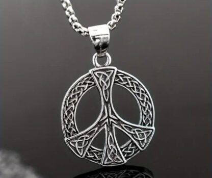 Antique Silver  Celtic Knotwork Peace Sign w 22 inch Silvery Rope Chain