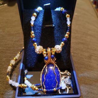 UNIQUE-Lapis Lazuli Gemstone Necklace w White Agate Handmade Designer - 24 inch long semi precious gift