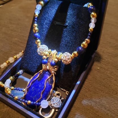 UNIQUE-Lapis Lazuli Gemstone Necklace w White Agate Handmade Designer - 24 inch long semi precious gift - Image 7