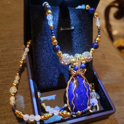UNIQUE-Lapis Lazuli Gemstone Necklace w White Agate Handmade Designer - 24 inch long semi precious gift - Image 3