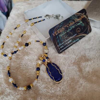 UNIQUE-Lapis Lazuli Gemstone Necklace w White Agate Handmade Designer - 24 inch long semi precious gift - Image 6
