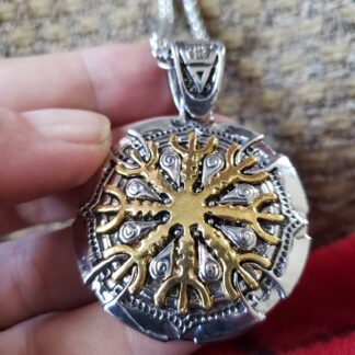 UNIQUE Gold Medallion Viking Stainless  2 TONE + 2 Sided! Protection Runes Pendant  w 22 inch Silvery Chain