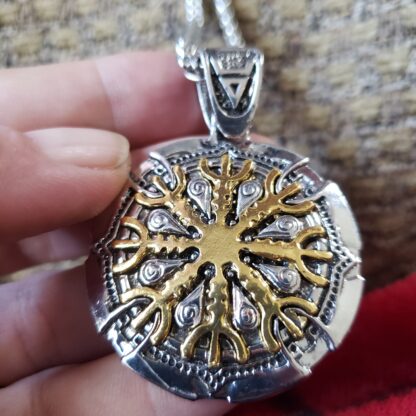 UNIQUE Gold Medallion Viking Stainless  2 TONE + 2 Sided! Protection Runes Pendant  w 22 inch Silvery Chain