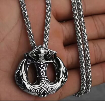 Unique -Solid Stainless Odin Norse Battle Hammer w Double Ravens Medallion w rope chain gift - Image 3