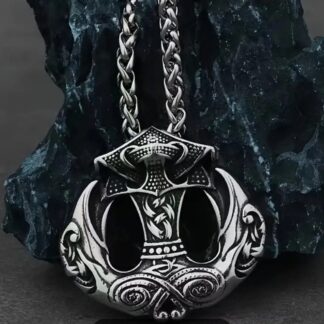 Unique -Solid Stainless Odin Norse Battle Hammer w Double Ravens Medallion w rope chain gift