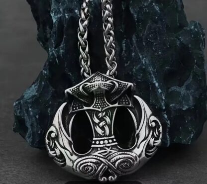Unique -Solid Stainless Odin Norse Battle Hammer w Double Ravens Medallion w rope chain gift