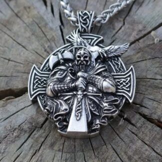 Unique Viking ODIN Pendant- 2 Sided ! Sword/Raven in Battle Pendant +Celtic Cross back- Silver Medallion vintage style-comes 22inch Chain