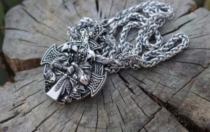 Unique Viking ODIN Pendant- 2 Sided ! Sword/Raven in Battle Pendant +Celtic Cross back- Silver Medallion vintage style-comes 22inch Chain - Image 2