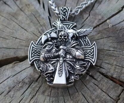 Unique Viking ODIN Pendant- 2 Sided ! Sword/Raven in Battle Pendant +Celtic Cross back- Silver Medallion vintage style-comes 22inch Chain - Image 6