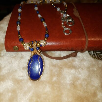 UNIQUE-Lapis Lazuli Gemstone Necklace w White Agate Handmade Designer - 24 inch long semi precious gift - Image 9
