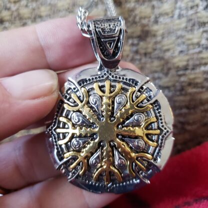 UNIQUE Gold Medallion Viking Stainless  2 TONE + 2 Sided! Protection Runes Pendant  w 22 inch Silvery Chain - Image 2
