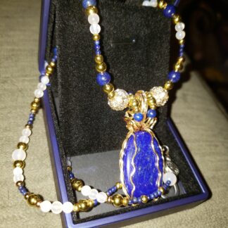 LAPIS LAZULI Gemstone Necklace w White Agate, Blue Sunstone Handmade Designer - 24 inch long semi precious gift