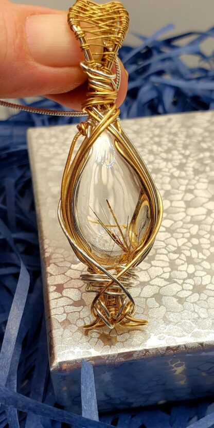 Unique Design ! Clear Rutilated Quartz w 925 Silver -Natural Gemstone Large Handmade Pendant semi precious Elven