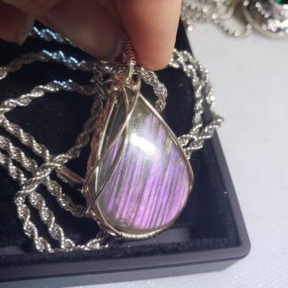VERES™ AAA Pink Labradorite  Striped (Canadian) Silver Gemstone Pendant w 22inch-2.5mm-Solid 925 Sterling Silver Chain-Exceptional & Rare