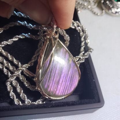 VERES™ AAA Pink Labradorite  Striped (Canadian) Silver Gemstone Pendant w 22inch-2.5mm-Solid 925 Sterling Silver Chain-Exceptional & Rare