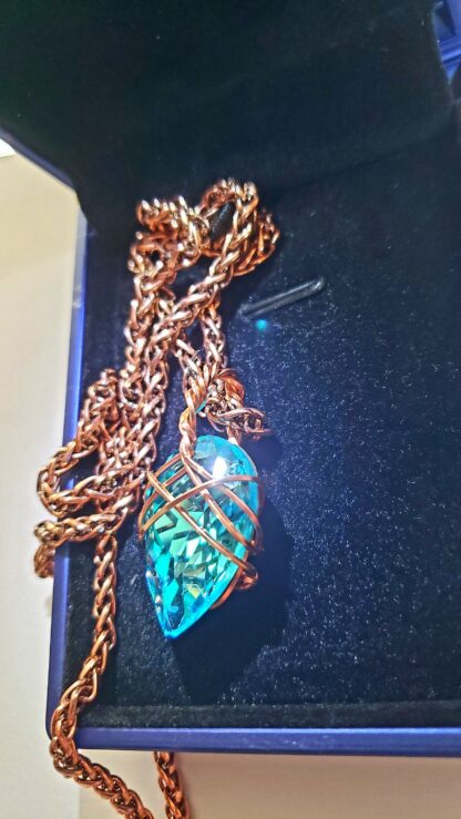 VERES™HUGE SPARKLE Dark Aquamarine & Copper European Lithuanian Crystal Pendant w 24 inch Thick-6mm thick red coppery chain 25X18mm medium - Image 7