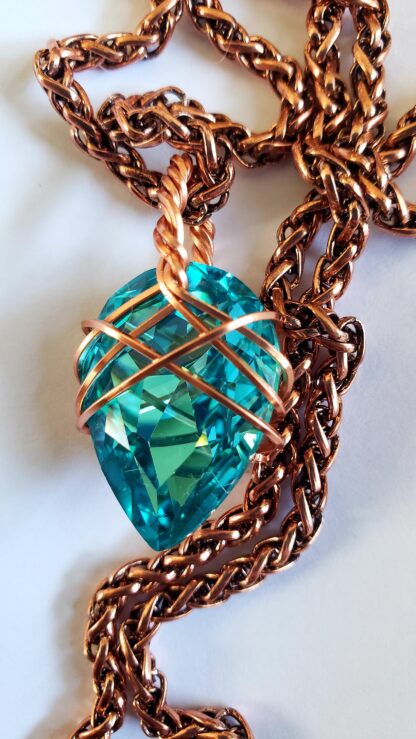 VERES™HUGE SPARKLE Dark Aquamarine & Copper European Lithuanian Crystal Pendant w 24 inch Thick-6mm thick red coppery chain 25X18mm medium - Image 2