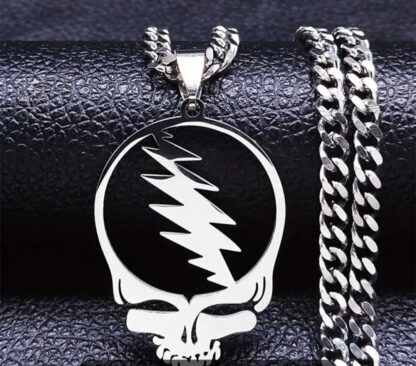 Silver Skull Necklace Grateful Dead  Stainless Steel Pendant  w 22 inch 7mm Thick Chain + Dead Stickers(50)+ Window Decals Fathers Day Sale - Image 3