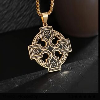 Celtic Cross GOLD Medallion Pendant Steel w Rope Chain