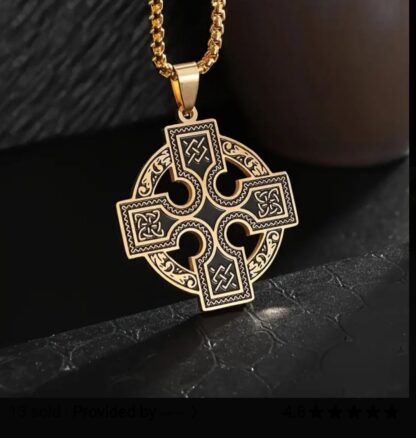 Celtic Cross GOLD Medallion Pendant Steel w Rope Chain