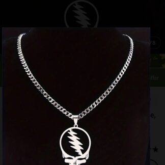 Silver Skull Necklace Grateful Dead  Stainless Steel Pendant  w 22 inch 7mm Thick Chain + Dead Stickers(50)+ Window Decals Fathers Day Sale