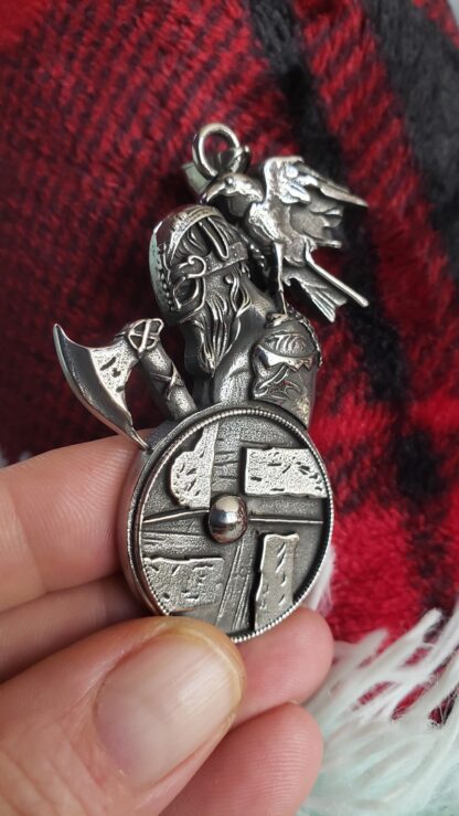 Large ODIN w Raven Medallion  Shield Viking Axe Pendant w silver chain! Folklore BEST viking gifts for him Heavy w 6mm thick silvery chain - Image 2
