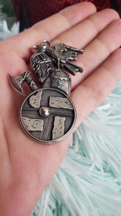 Large ODIN w Raven Medallion  Shield Viking Axe Pendant w silver chain! Folklore BEST viking gifts for him Heavy w 6mm thick silvery chain - Image 4