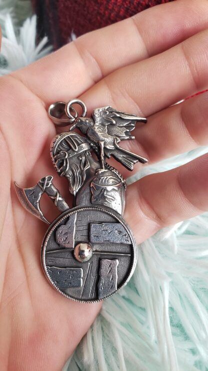 Large ODIN w Raven Medallion  Shield Viking Axe Pendant w silver chain! Folklore BEST viking gifts for him Heavy w 6mm thick silvery chain - Image 3