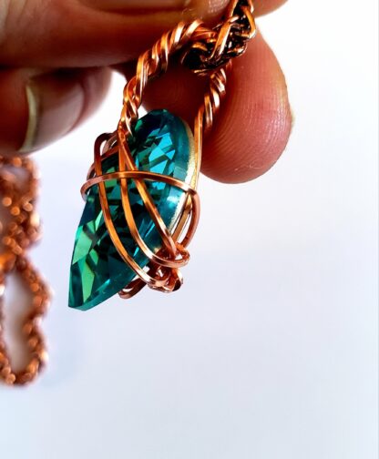 VERES™HUGE SPARKLE Dark Aquamarine & Copper European Lithuanian Crystal Pendant w 24 inch Thick-6mm thick red coppery chain 25X18mm medium - Image 6