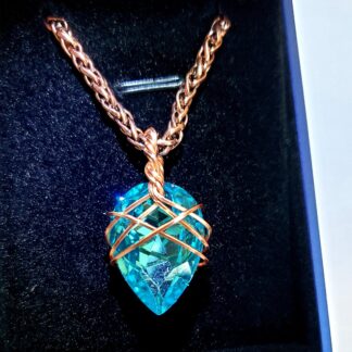 VERES™HUGE SPARKLE Dark Aquamarine & Copper European Lithuanian Crystal Pendant w 24 inch Thick-6mm thick red coppery chain 25X18mm medium