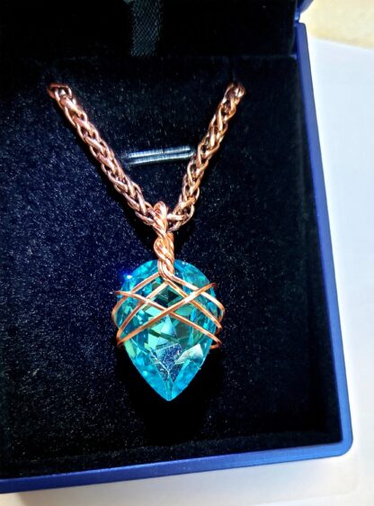 VERES™HUGE SPARKLE Dark Aquamarine & Copper European Lithuanian Crystal Pendant w 24 inch Thick-6mm thick red coppery chain 25X18mm medium
