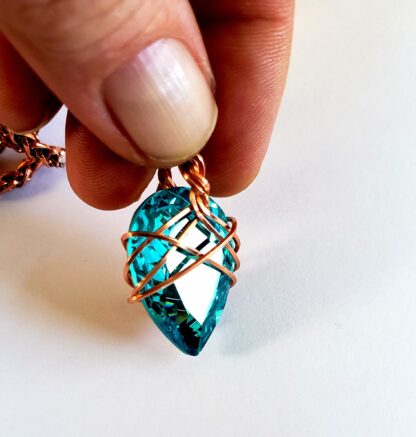 VERES™HUGE SPARKLE Dark Aquamarine & Copper European Lithuanian Crystal Pendant w 24 inch Thick-6mm thick red coppery chain 25X18mm medium - Image 3