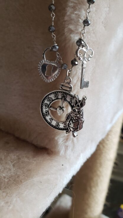UNIQUE Charm Pendant White Rabbit Clock-Keys and Lock- Natural Pyrite Gemstone beaded Handmade Charm Necklace - Image 4