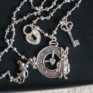UNIQUE Charm Pendant White Rabbit Clock-Keys and Lock- Natural Pyrite Gemstone beaded Handmade Charm Necklace