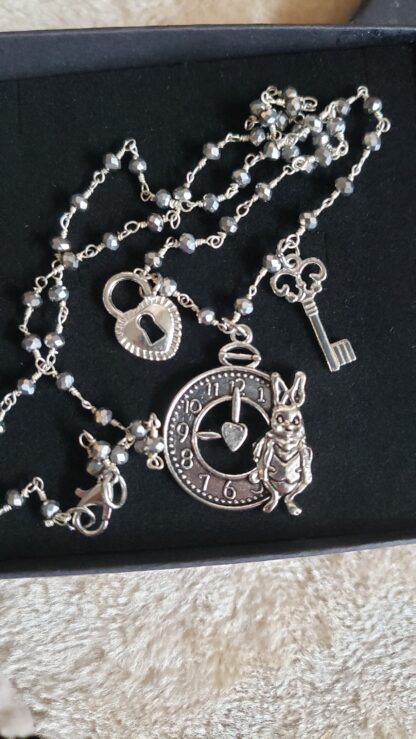 UNIQUE Charm Pendant White Rabbit Clock-Keys and Lock- Natural Pyrite Gemstone beaded Handmade Charm Necklace