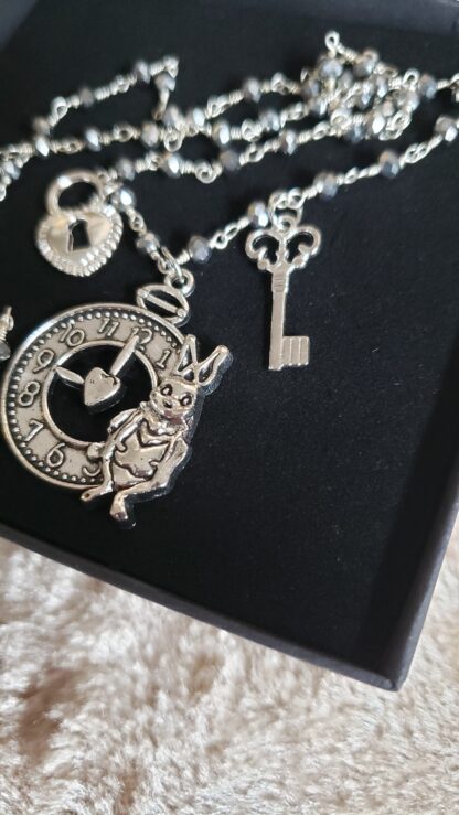 UNIQUE Charm Pendant White Rabbit Clock-Keys and Lock- Natural Pyrite Gemstone beaded Handmade Charm Necklace - Image 6