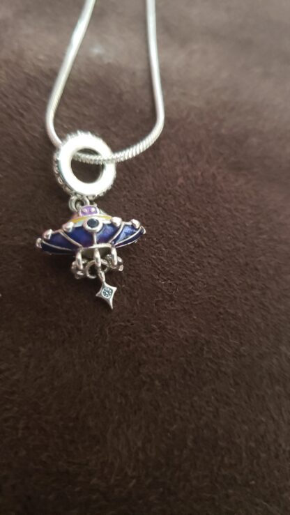 Unique UFO .925 Sterling Silver Charm Necklace - Colored Enamel  Unique Ufo pendant w Alien 22 inch GEMSTONE CHAINs  8 Designs