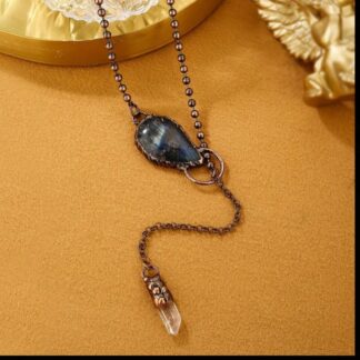 Vintage Victorian Style Deep Blue Labradorite & Clear Quartz Solid Copper Drop Chain Handmade Gemstone Necklace Amulet reiki ritual