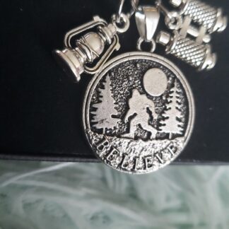 BIGFOOT SASQUATCH "Believe"  Charm Pendant  w 6mm- 24 inch Silver Chain w 4 Charms Necklace best camping jewelry for Him or Her