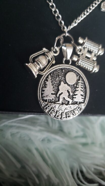 BIGFOOT SASQUATCH "Believe"  Charm Pendant  w 6mm- 24 inch Silver Chain w 4 Charms Necklace best camping jewelry for Him or Her