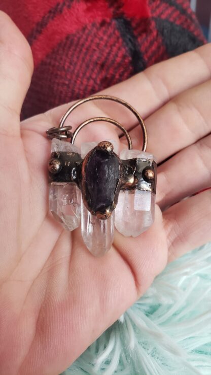6 point Quartz & Solid Copper Handmade Gemstone Pendant Amulet w Amethyst Accent Stone Mothers Day Sale - Image 3