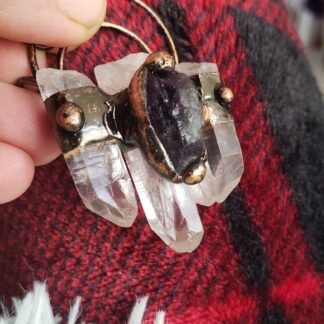 6 point Quartz & Solid Copper Handmade Gemstone Pendant Amulet w Amethyst Accent Stone Mothers Day Sale