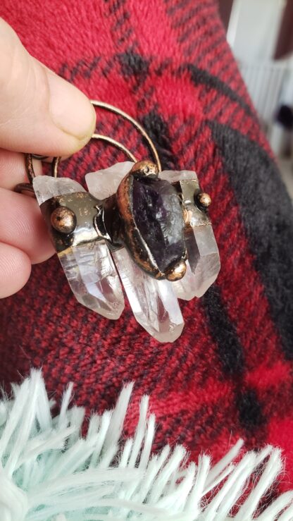 6 point Quartz & Solid Copper Handmade Gemstone Pendant Amulet w Amethyst Accent Stone Mothers Day Sale