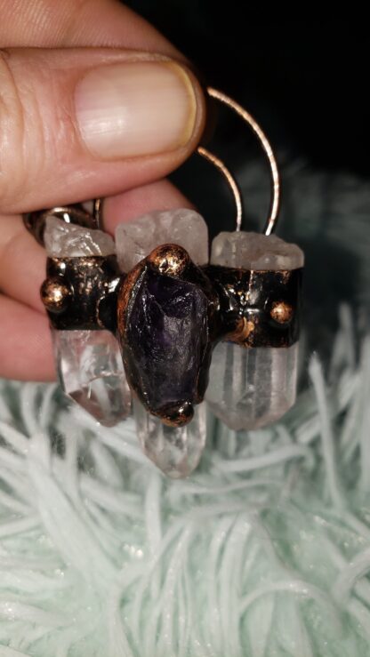 6 point Quartz & Solid Copper Handmade Gemstone Pendant Amulet w Amethyst Accent Stone Mothers Day Sale - Image 9