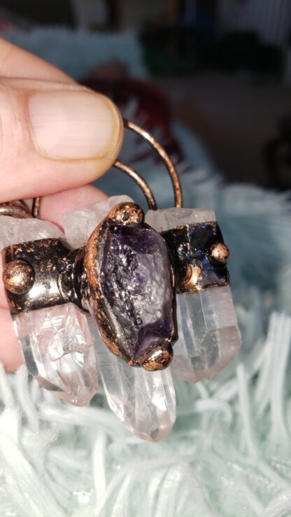 6 point Quartz & Solid Copper Handmade Gemstone Pendant Amulet w Amethyst Accent Stone Mothers Day Sale - Image 10