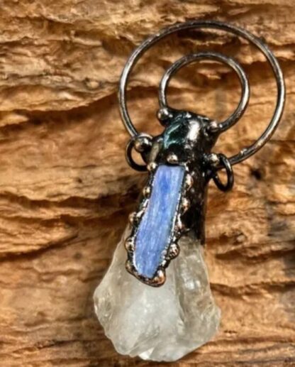 Solid Copper & Quartz Pendant Large Chunky w Blue Kyanite Designer Viking Pendant Raw Rough - Copper Handmade Gemstone mothers day sale